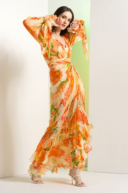 Mandira Wirk Resort_Multi Color Chiffon V-neck Lilium Buckle Dress _at_Aza_Fashions