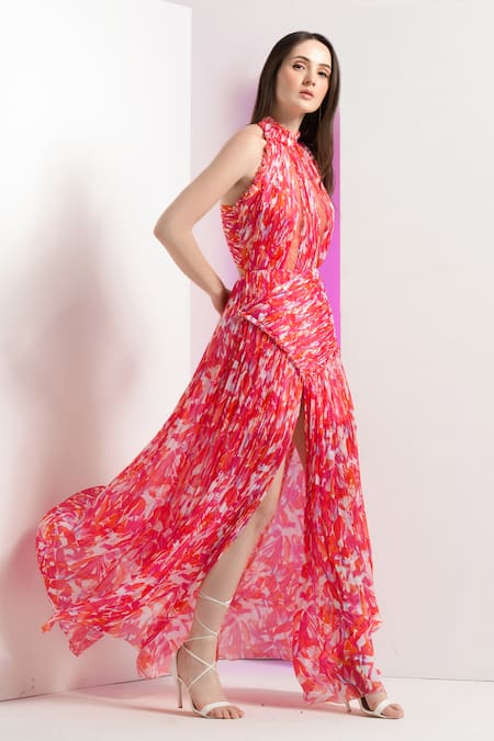 Mandira Wirk Multi Color Chiffon Halter Neck Geometric Chaos Maxi Dress