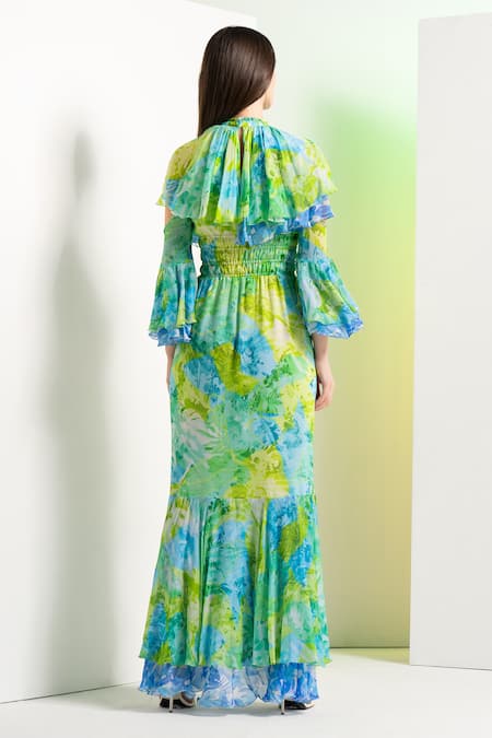 Mandira Wirk Resort_Multi Color Chiffon Round Neck Floral Camo Fish Cut Dress _Online_at_Aza_Fashions