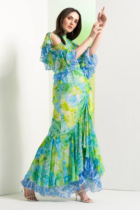 Buy_Mandira Wirk Resort_Multi Color Chiffon Round Neck Floral Camo Fish Cut Dress _Online_at_Aza_Fashions