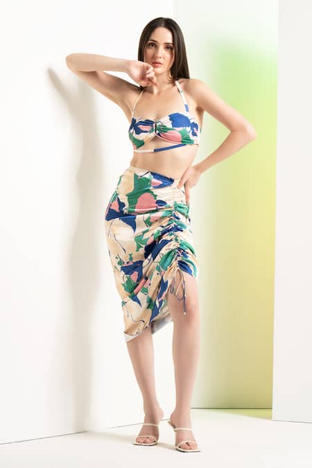 Mandira Wirk Multi Color Spandex And Chiffon Sweetheart Mystic Top & Ruched Skirt Set