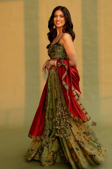 Buy Punit Balana Green Chanderi Silk Floral Pattern Scoop Neck Printed Lehenga Set Buy_Punit Balana_Green Chanderi Silk Floral Pattern Scoop Neck Printed Lehenga Set