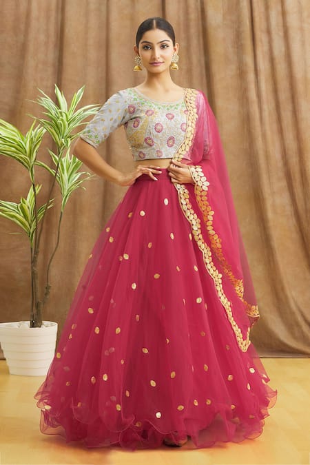 Pink And #Grey #Combination #Lehenga #Choli | Long blouse designs, Long  choli lehenga, Lehenga designs
