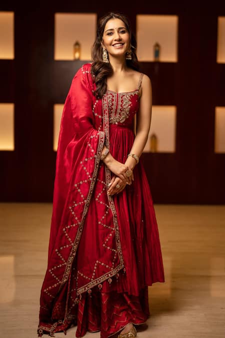 Punit Balana_Red Chanderi Silk, Organza Embroidery, Zari Marodi Yoke Anarkali Gharara Set _Online_at_Aza_Fashions