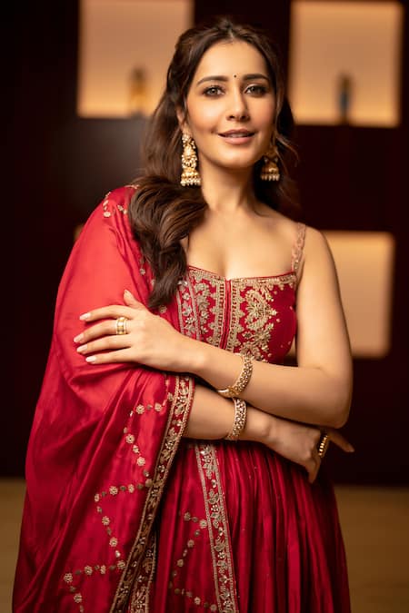 Shop_Punit Balana_Red Chanderi Silk, Organza Embroidery, Zari Marodi Yoke Anarkali Gharara Set _Online_at_Aza_Fashions