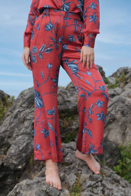 Buy RAAS LIFE Red Viscose, Silk Embroidery Collared Vegan Shirt And Pant Set Buy_RAAS LIFE_Red Viscose, Silk Embroidery Collared Vegan Shirt And Pant Set