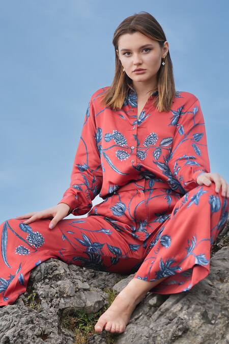 Shop RAAS LIFE Red Viscose, Silk Embroidery Collared Vegan Shirt And Pant Set Shop_RAAS LIFE_Red Viscose, Silk Embroidery Collared Vegan Shirt And Pant Set