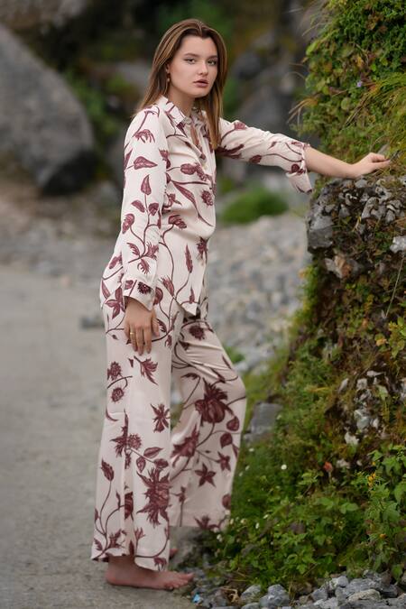 Shop_RAAS LIFE_Beige Velvet, Silk Embroidery Collared Printed Shirt And Pant Set _Online_at_Aza_Fashions