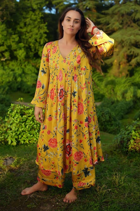 RAAS LIFE Yellow Vegan Silk Printed Kyaari V Neck Devi Tunic  