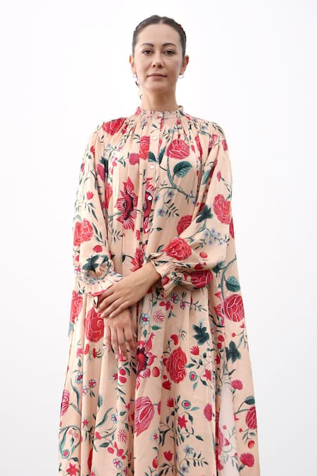 RAAS LIFE_White Velvet Embroidery High Neck Durga Printed Tunic _at_Aza_Fashions