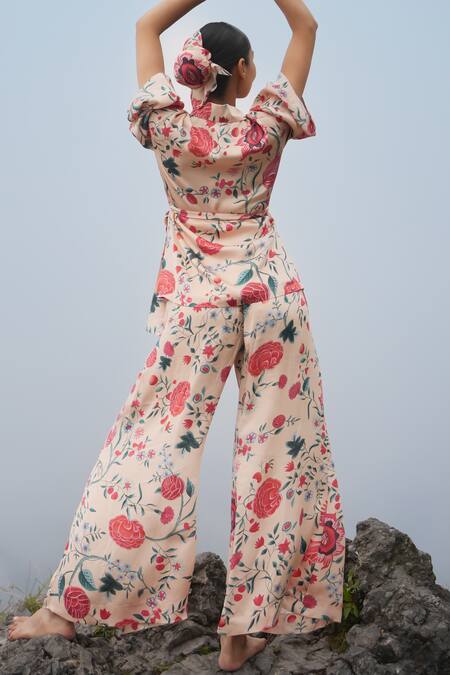 Shop_Raas Life_White Vegan Silk Printed Kyaari Hema Wide Legged Pant  _at_Aza_Fashions