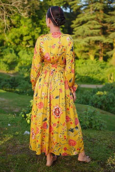 RAAS LIFE_Yellow Velvet Embroidery V-neck Kali Printed Maxi Dress _Online_at_Aza_Fashions