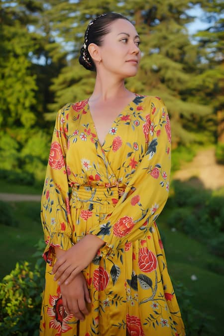 Buy_RAAS LIFE_Yellow Velvet Embroidery V-neck Kali Printed Maxi Dress _Online_at_Aza_Fashions