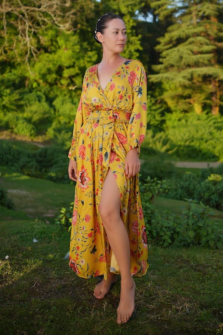 Shop_RAAS LIFE_Yellow Velvet Embroidery V-neck Kali Printed Maxi Dress _Online_at_Aza_Fashions