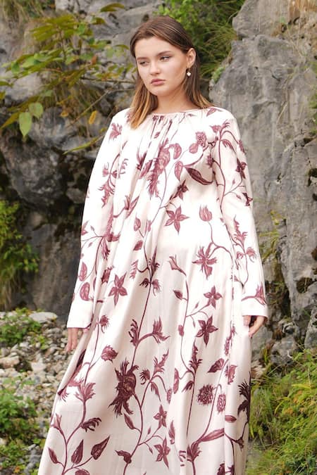 RAAS LIFE Beige Velvet, Silk Round Neck Almond Cherrywood Printed Maxi Dress at Aza Fashions RAAS LIFE_Beige Velvet, Silk Round Neck Almond Cherrywood Printed Maxi Dress _at_Aza_Fashions