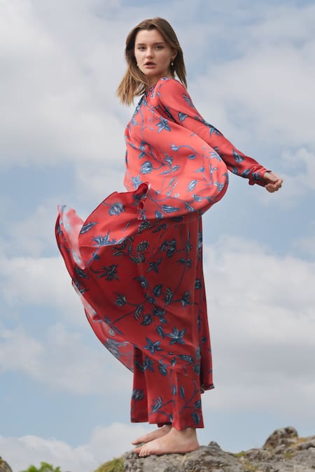 RAAS LIFE_Red Velvet Embroidery Round Neck Laxmi Printed Flared Dress _Online_at_Aza_Fashions