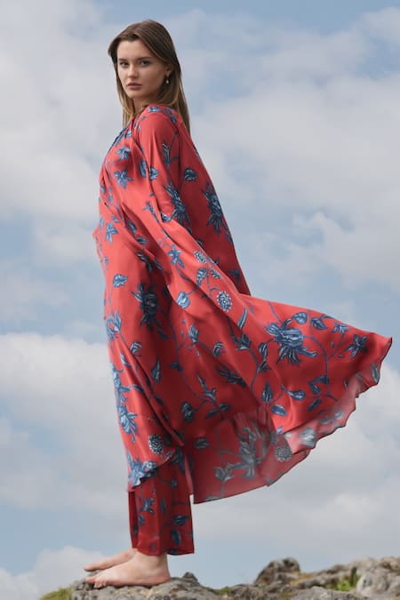 Buy_RAAS LIFE_Red Velvet Embroidery Round Neck Laxmi Printed Flared Dress _Online_at_Aza_Fashions