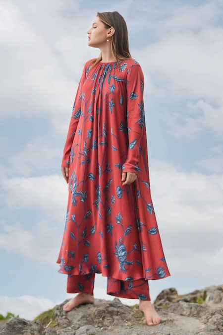 Shop_RAAS LIFE_Red Velvet Embroidery Round Neck Laxmi Printed Flared Dress _Online_at_Aza_Fashions