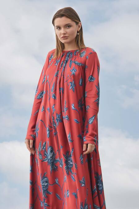 RAAS LIFE_Red Velvet Embroidery Round Neck Laxmi Printed Flared Dress _at_Aza_Fashions