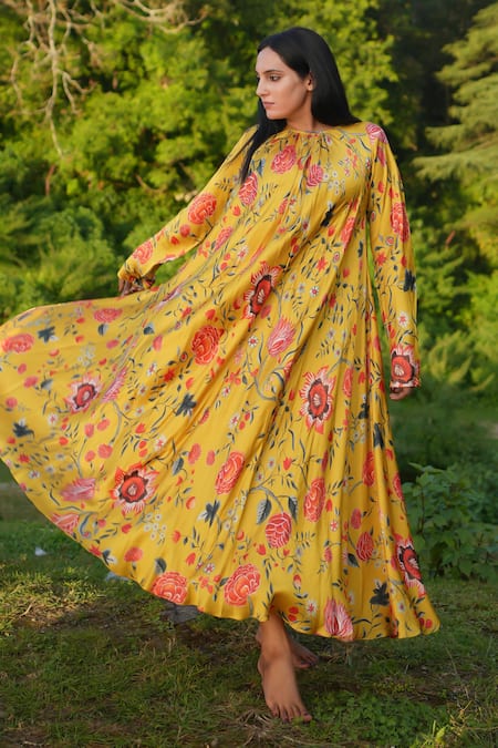 RAAS LIFE_Yellow Velvet Embroidery Round Neck Laxmi Floral Print Maxi Dress _Online_at_Aza_Fashions