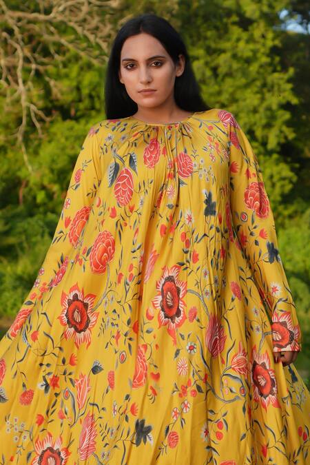 Buy_RAAS LIFE_Yellow Velvet Embroidery Round Neck Laxmi Floral Print Maxi Dress _Online_at_Aza_Fashions