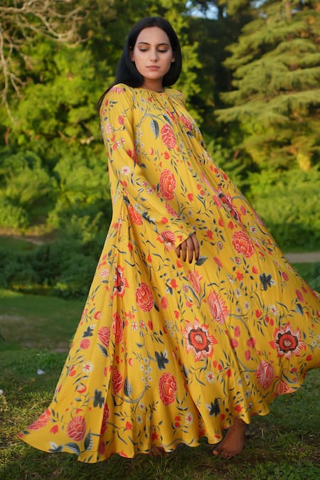 Shop_RAAS LIFE_Yellow Velvet Embroidery Round Neck Laxmi Floral Print Maxi Dress _Online_at_Aza_Fashions