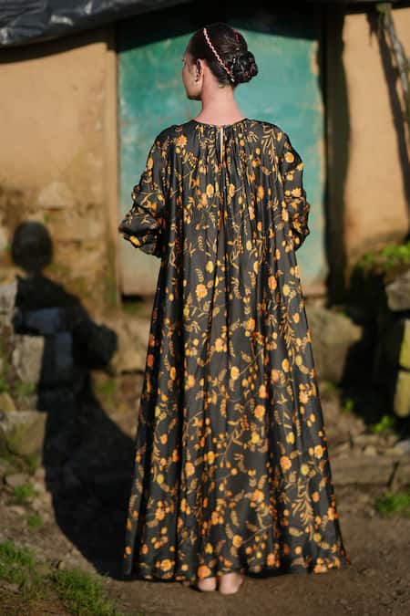 Shop RAAS LIFE Black Velvet Embroidery Round Neck Laxmi Kyaari Print Maxi Dress at Aza Fashions Shop_RAAS LIFE_Black Velvet Embroidery Round Neck Laxmi Kyaari Print Maxi Dress _at_Aza_Fashions