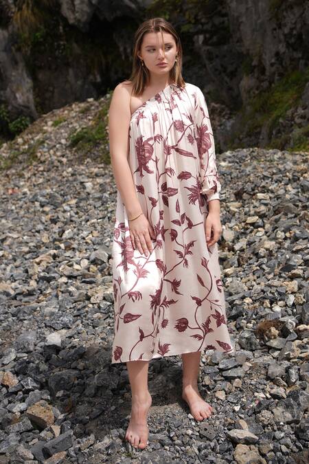 Shop_RAAS LIFE_Beige Velvet Embroidery One Shoulder Maya Floral Print One-shouler Dress _Online_at_Aza_Fashions