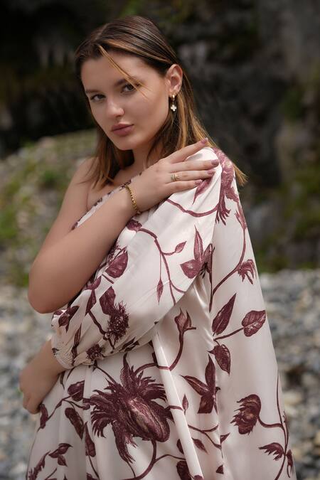 RAAS LIFE_Beige Velvet Embroidery One Shoulder Maya Floral Print One-shouler Dress _at_Aza_Fashions