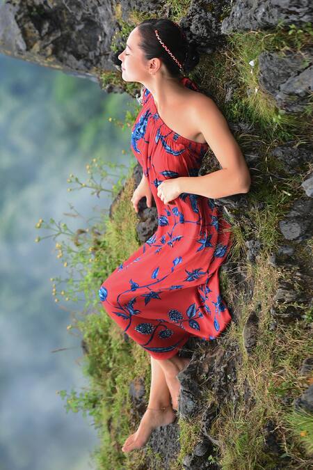 Shop_RAAS LIFE_Red Velvet Embroidery One Shoulder Maya Floral Daali Print Dress _Online_at_Aza_Fashions