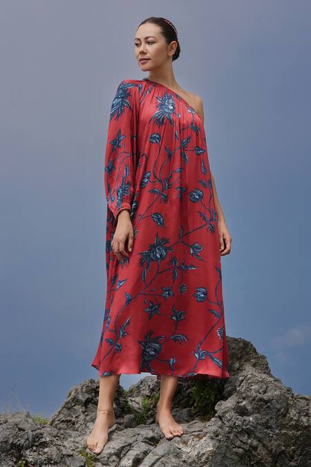 RAAS LIFE_Red Velvet Embroidery One Shoulder Maya Floral Daali Print Dress _at_Aza_Fashions