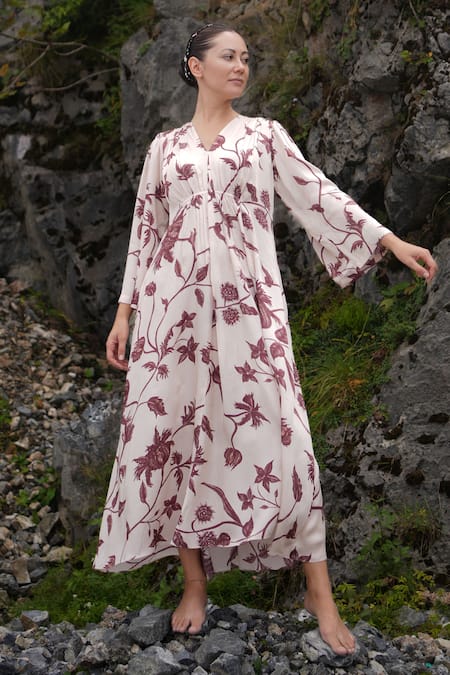 RAAS LIFE White Vegan Silk Printed Floral Daali V Neck Shringara Maxi Dress  