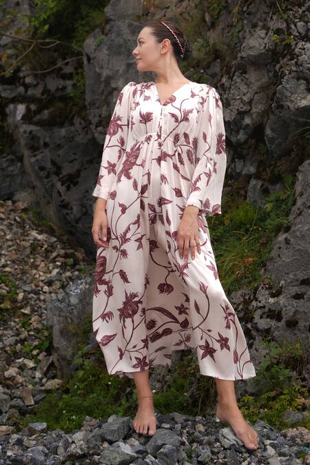 RAAS LIFE_White Velour Embroidery V-neck Shringara Printed Maxi Dress _Online_at_Aza_Fashions