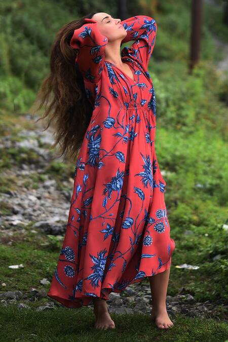 Shop_RAAS LIFE_Red Velour Embroidery V-neck Shringara Vegan Silk Printed Maxi Dress _Online_at_Aza_Fashions