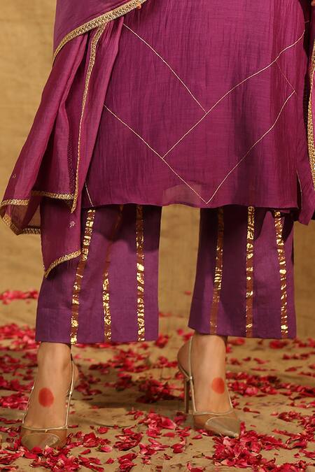 Trendy Tokari Purple Silk, Chanderi Metallic Thread, Gota Leaf Embroidered Kurta Pant Set Online at Aza Fashions Trendy Tokari_Purple Silk, Chanderi Metallic Thread, Gota Leaf Embroidered Kurta Pant Set _Online_at_Aza_Fashions