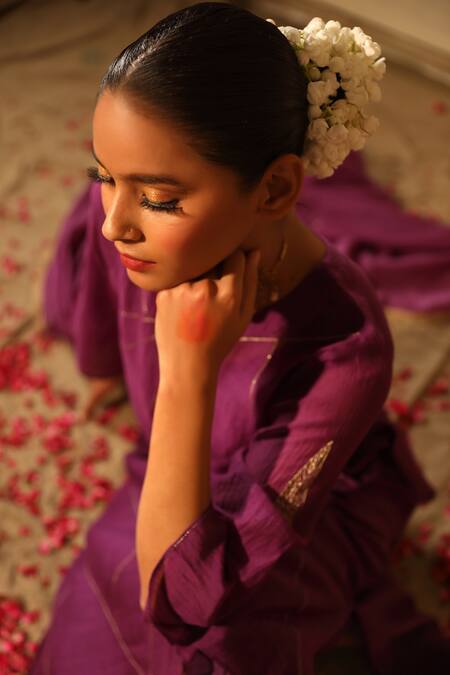 Buy_Trendy Tokari_Purple Silk, Chanderi Metallic Thread, Gota Leaf Embroidered Kurta Pant Set _Online_at_Aza_Fashions