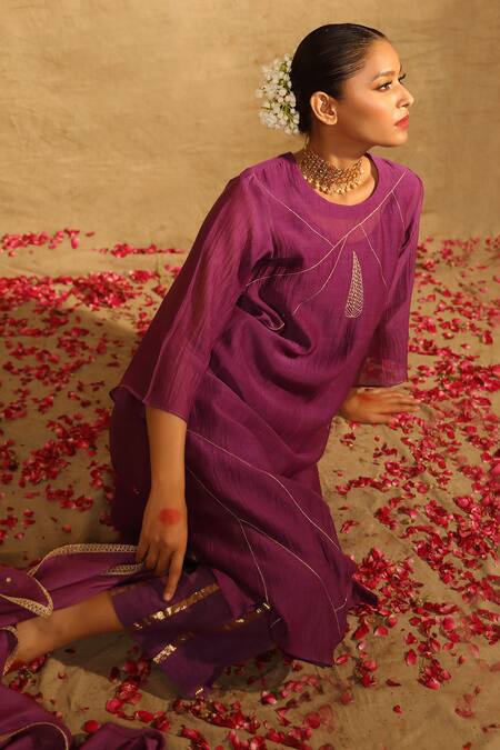 Shop_Trendy Tokari_Purple Silk, Chanderi Metallic Thread, Gota Leaf Embroidered Kurta Pant Set _Online_at_Aza_Fashions