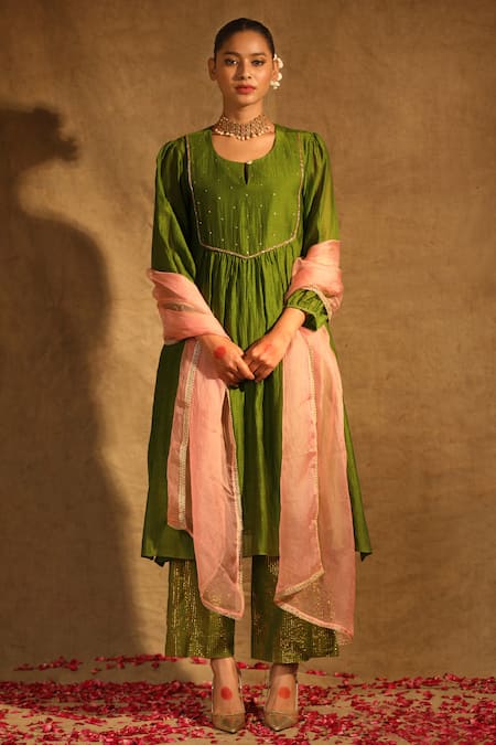Trendy tokari Green Silk Chanderi Embroidery Sequin Round Yoke Kurta Pant Set 