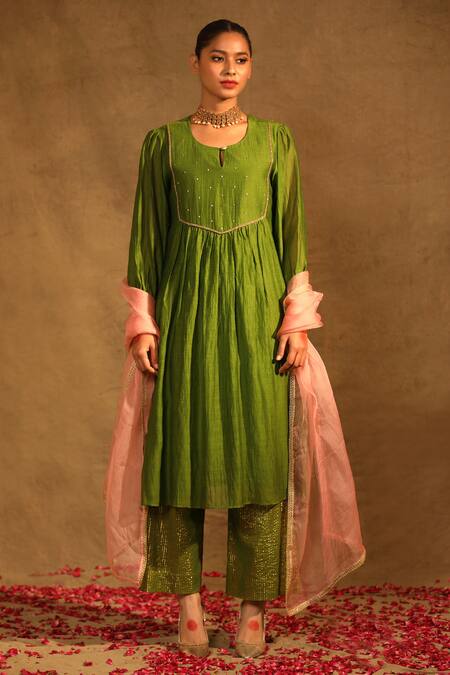 Trendy Tokari_Green Silk, Chanderi Lace, Sequins Round Neck Yoke Embroidered Kurta Pant Set _Online_at_Aza_Fashions