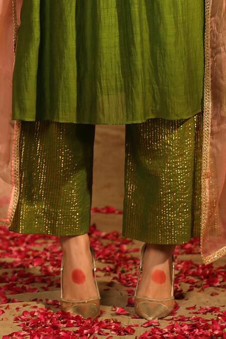 Buy Trendy Tokari Green Silk, Chanderi Lace, Sequins Round Neck Yoke Embroidered Kurta Pant Set Online at Aza Fashions Buy_Trendy Tokari_Green Silk, Chanderi Lace, Sequins Round Neck Yoke Embroidered Kurta Pant Set _Online_at_Aza_Fashions