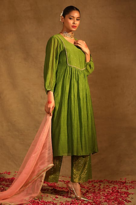 Shop_Trendy Tokari_Green Silk, Chanderi Lace, Sequins Round Neck Yoke Embroidered Kurta Pant Set _Online_at_Aza_Fashions