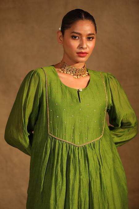 Trendy Tokari_Green Silk, Chanderi Lace, Sequins Round Neck Yoke Embroidered Kurta Pant Set _at_Aza_Fashions