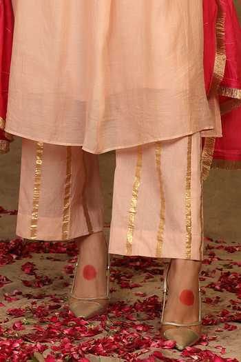 Trendy Tokari_Peach Silk, Chanderi Mirrors, Zari Round Neck Yoke Embroidered Kurta Set _Online_at_Aza_Fashions