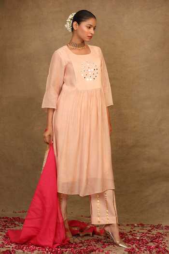 Buy_Trendy Tokari_Peach Silk, Chanderi Mirrors, Zari Round Neck Yoke Embroidered Kurta Set _Online_at_Aza_Fashions