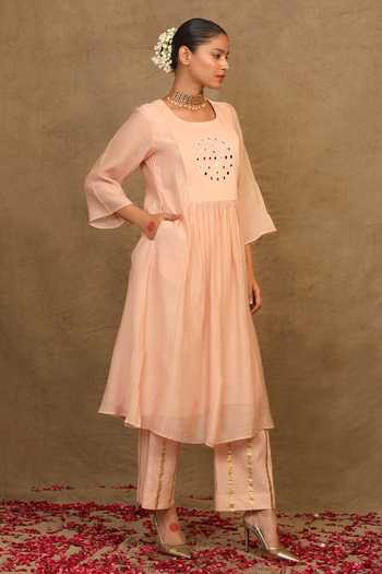 Shop_Trendy Tokari_Peach Silk, Chanderi Mirrors, Zari Round Neck Yoke Embroidered Kurta Set _Online_at_Aza_Fashions