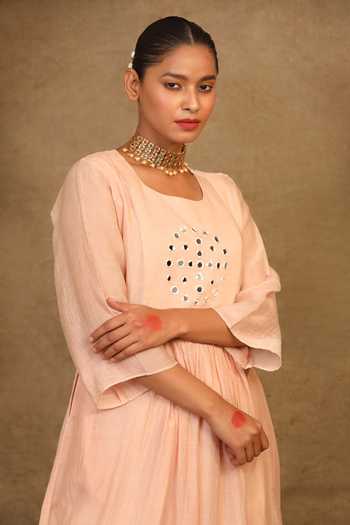 Trendy Tokari_Peach Silk, Chanderi Mirrors, Zari Round Neck Yoke Embroidered Kurta Set _at_Aza_Fashions