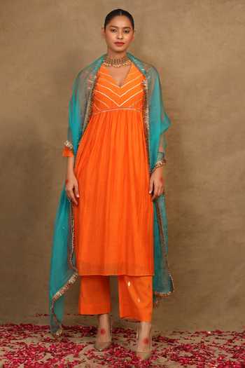 Trendy Tokari_Orange Silk, Chanderi Gota Patti, Foil Printing, Lace Yoke Kurta Pant Set _Online_at_Aza_Fashions