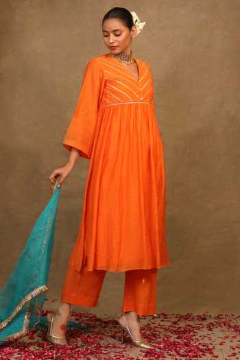 Shop_Trendy Tokari_Orange Silk, Chanderi Gota Patti, Foil Printing, Lace Yoke Kurta Pant Set _Online_at_Aza_Fashions