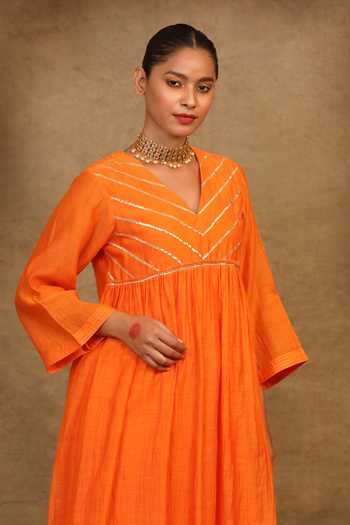 Trendy Tokari_Orange Silk, Chanderi Gota Patti, Foil Printing, Lace Yoke Kurta Pant Set _at_Aza_Fashions