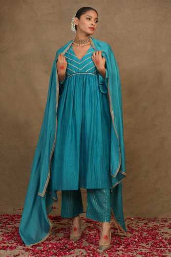 Trendy Tokari_Blue Silk, Chanderi Gota Patti Striped Lace Yoke Embroidered Kurta Pant Set _Online_at_Aza_Fashions